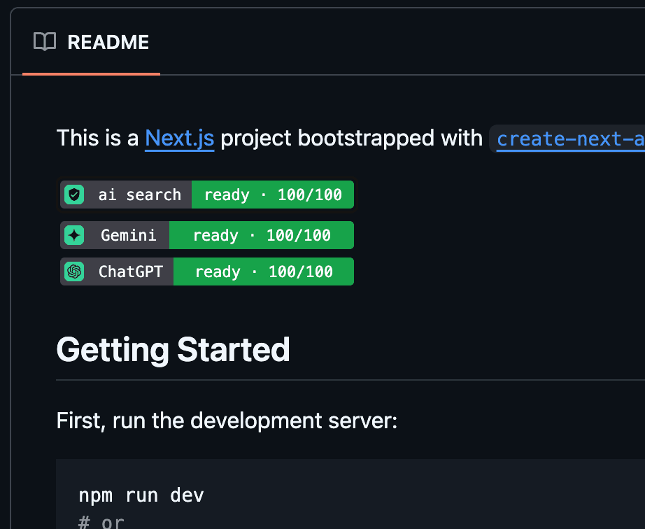 GitHub README with AI Searchable badges for overall AI search, Gemini, and ChatGPT — all ready